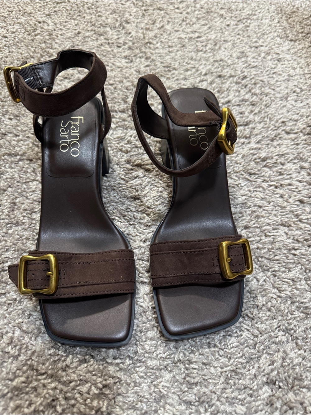 Franco Sarto Dark Brown Suede Buckle Ankle-Strap Sandals